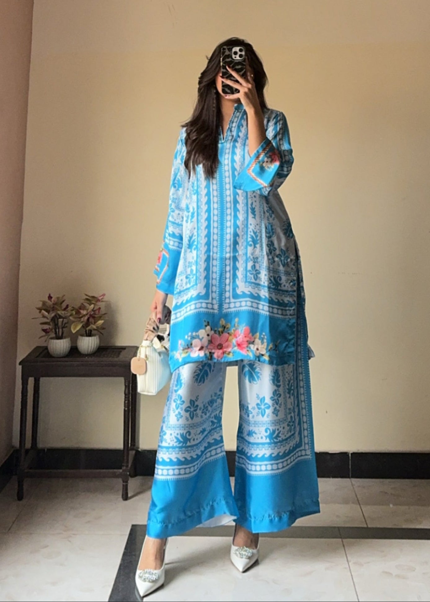 Blue Casual Printed Armani Satin Top and Pants Set D6062 - kharidari