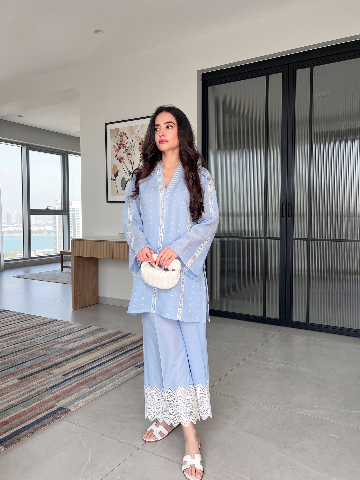 Elegant Sky Blue Mul Chanderi Ethnic Co-Ord Set for Women D6354