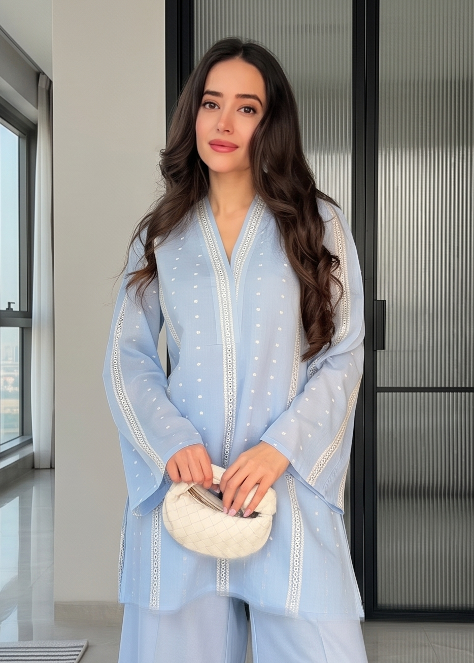 Elegant Sky Blue Mul Chanderi Ethnic Co-Ord Set for Women D6354