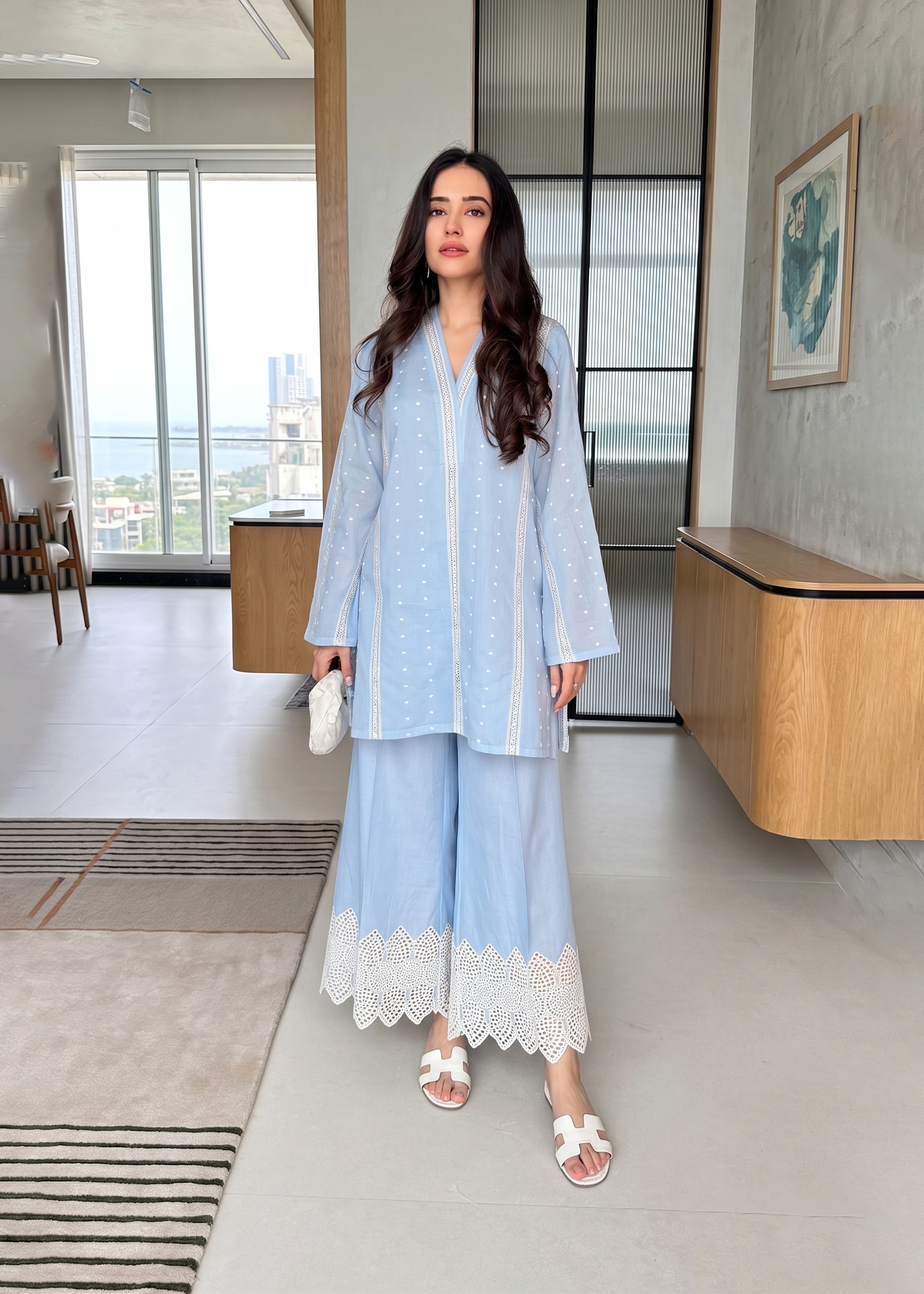 Elegant Sky Blue Mul Chanderi Ethnic Co-Ord Set for Women D6354