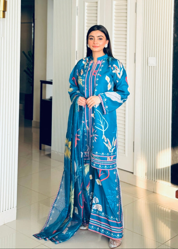 Sophisticated Blue Printed Suit Set with Dupatta   D6132 - kharidari