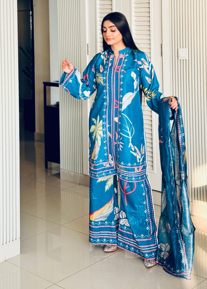 Sophisticated Blue Printed Suit Set with Dupatta  – D6132