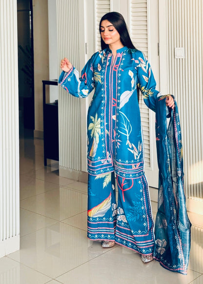 Sophisticated Blue Printed Suit Set with Dupatta   D6132 - kharidari