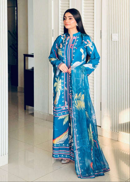 Sophisticated Blue Printed Suit Set with Dupatta   D6132 - kharidari