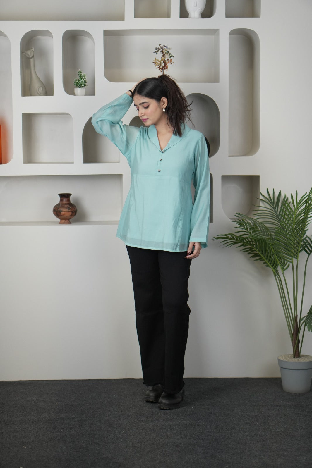 Stylish Teal Chanderi Silk Blend Kurti-Style Top D6279