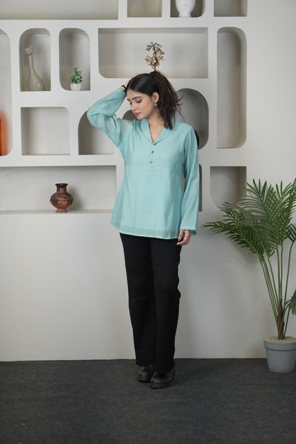 Stylish Teal Chanderi Silk Blend Kurti-Style Top D6279