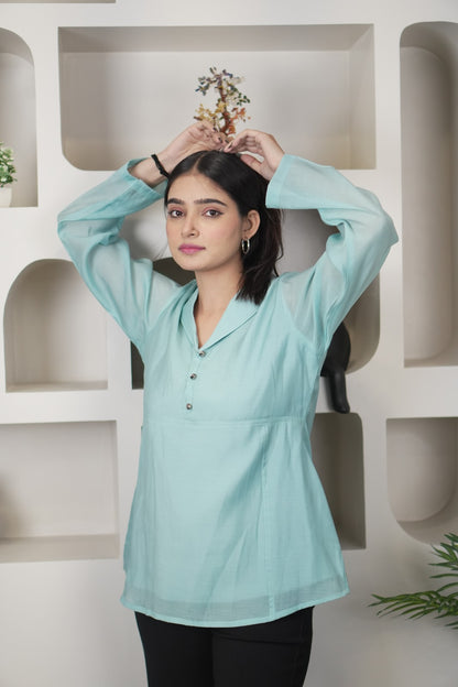 Stylish Teal Chanderi Silk Blend Kurti-Style Top D6279