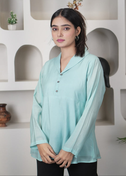 Stylish Teal Chanderi Silk Blend Kurti-Style Top D6279
