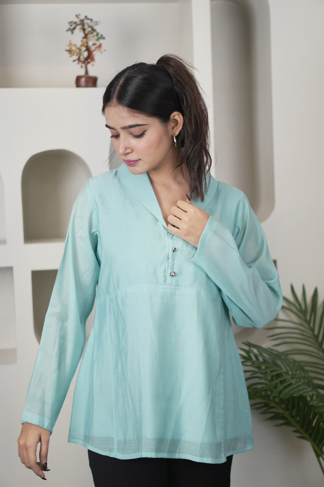 Stylish Teal Chanderi Silk Blend Kurti-Style Top D6279