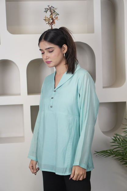 Stylish Teal Chanderi Silk Blend Kurti-Style Top D6279