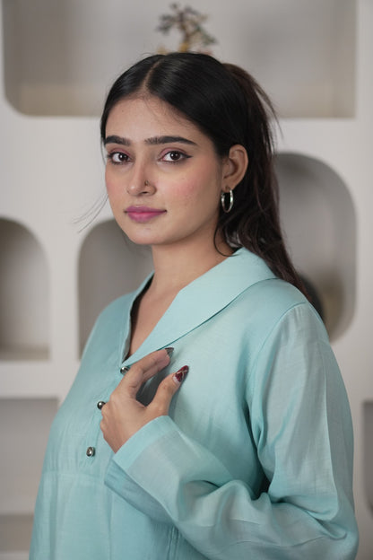 Stylish Teal Chanderi Silk Blend Kurti-Style Top D6279