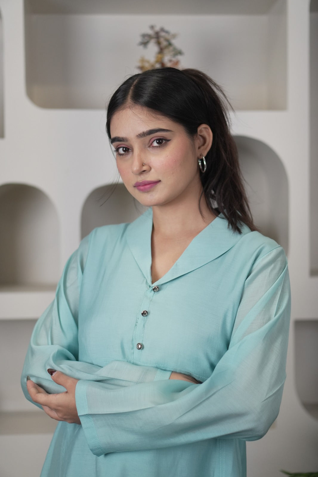 Stylish Teal Chanderi Silk Blend Kurti-Style Top D6279