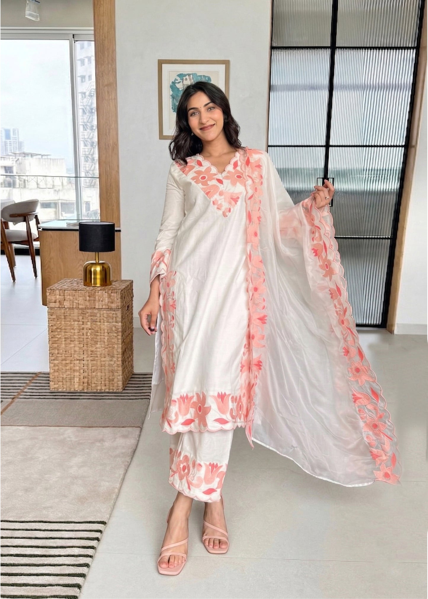 Stylish Thread Work Rayon Suit Set with Organza Dupatta D6341