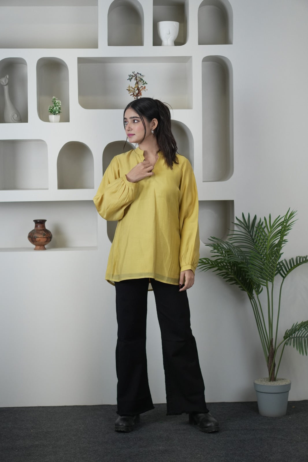 Stylish Yellow Mul Chanderi Long Sleeve Top for Women D6277