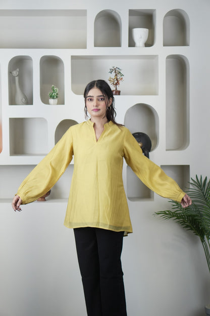 Stylish Yellow Mul Chanderi Long Sleeve Top for Women D6277