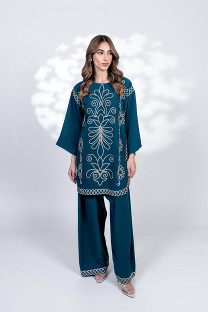 Teal Royal Thread Embroidered Co-ord Set | Festive Luxury Outfit D6317
