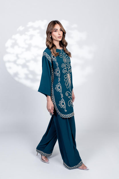 Teal Royal Thread Embroidered Co-ord Set | Festive Luxury Outfit D6317