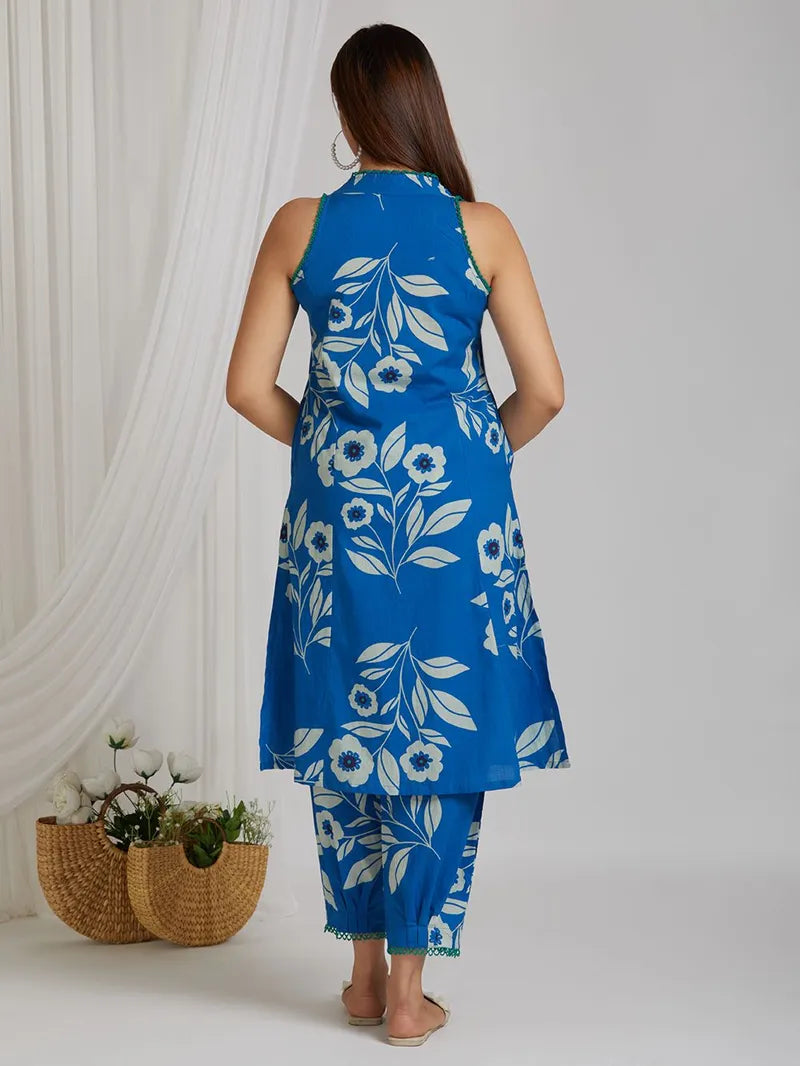 Blue Printed Cotton Kurta with Pants D6022