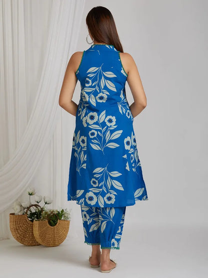 Blue Printed Cotton Kurta with Pants D6022