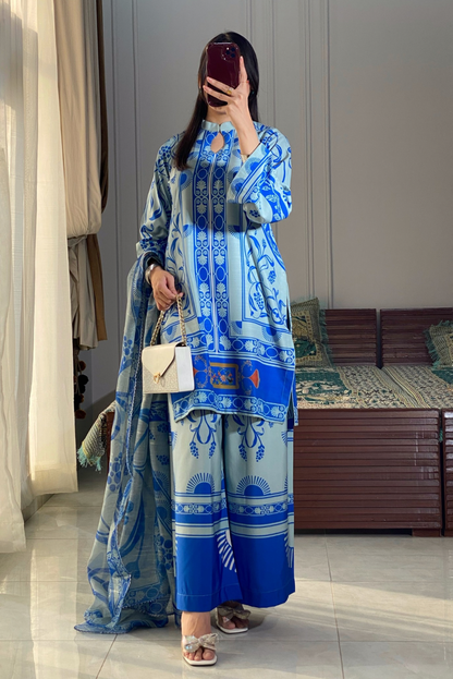 Trendy Blue Printed Suit Set With Dupatta D6129 - kharidari