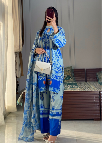 Trendy Blue Printed Suit Set With Dupatta D6129 - kharidari