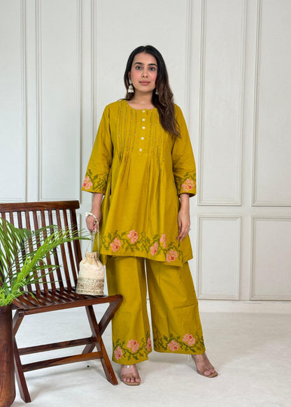 Trendy Embroidered Pure Cotton Co-ord Set  D6215 - kharidari