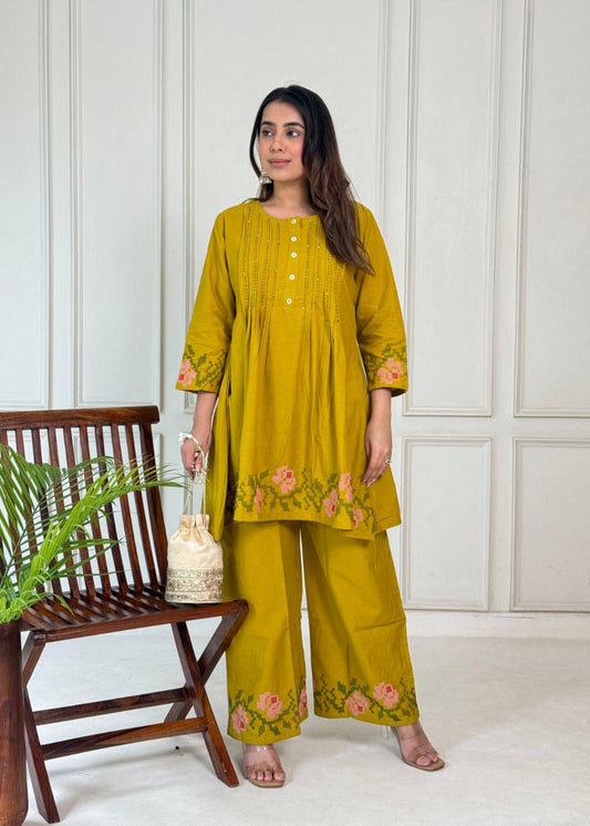 Trendy Embroidered Pure Cotton Co-ord Set  D6215 - kharidari