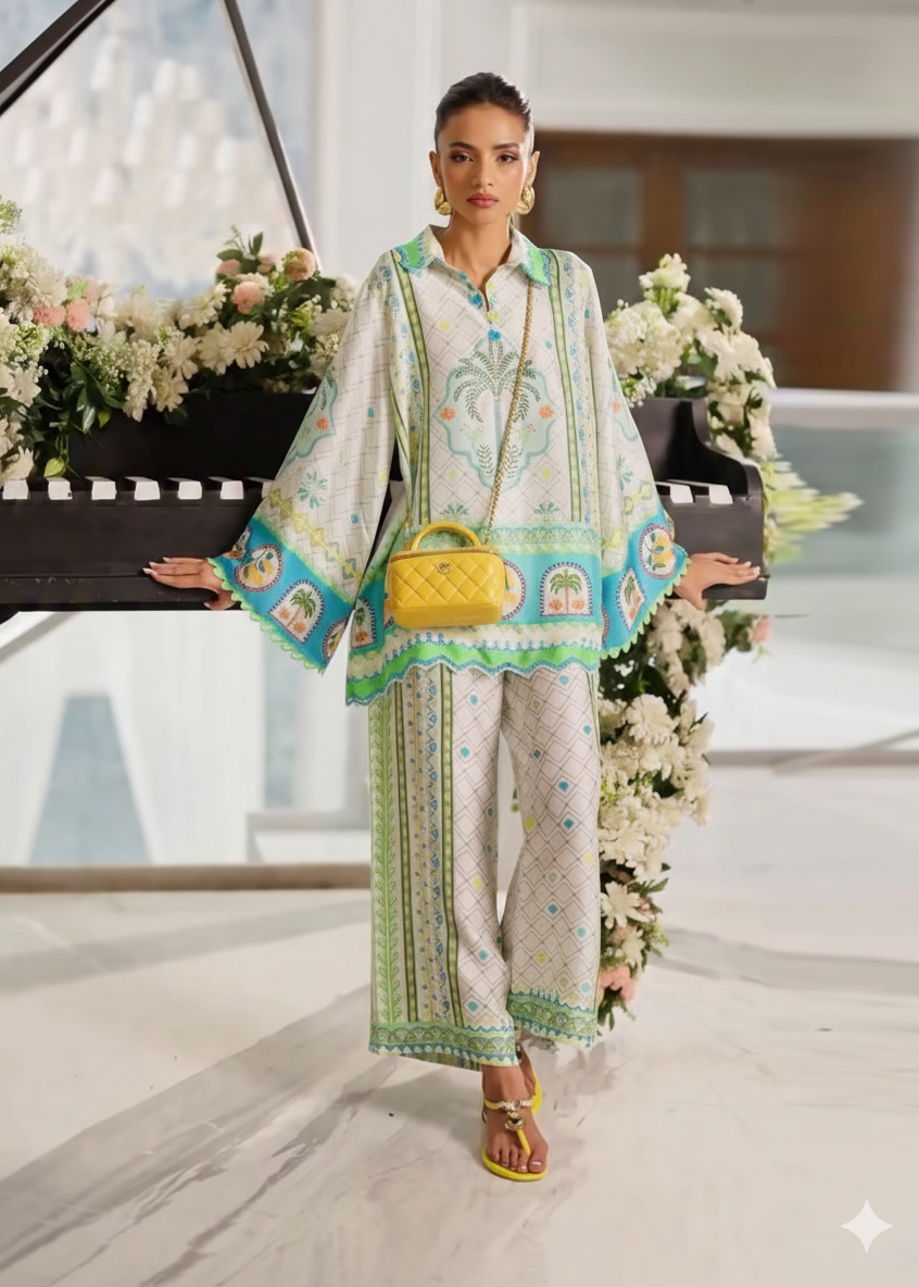 Tropical Palm Digital Print Satin Co-ord Set D6307