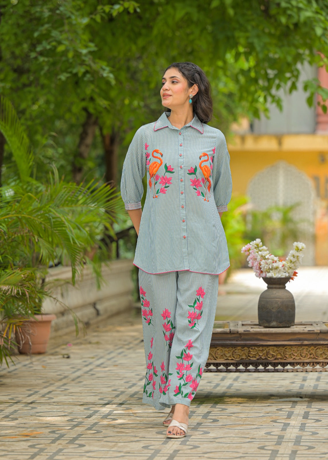Vibrant Flamingo Printed Pure Cotton Co-ord Set  Fresh & Playful Style D6257 - kharidari