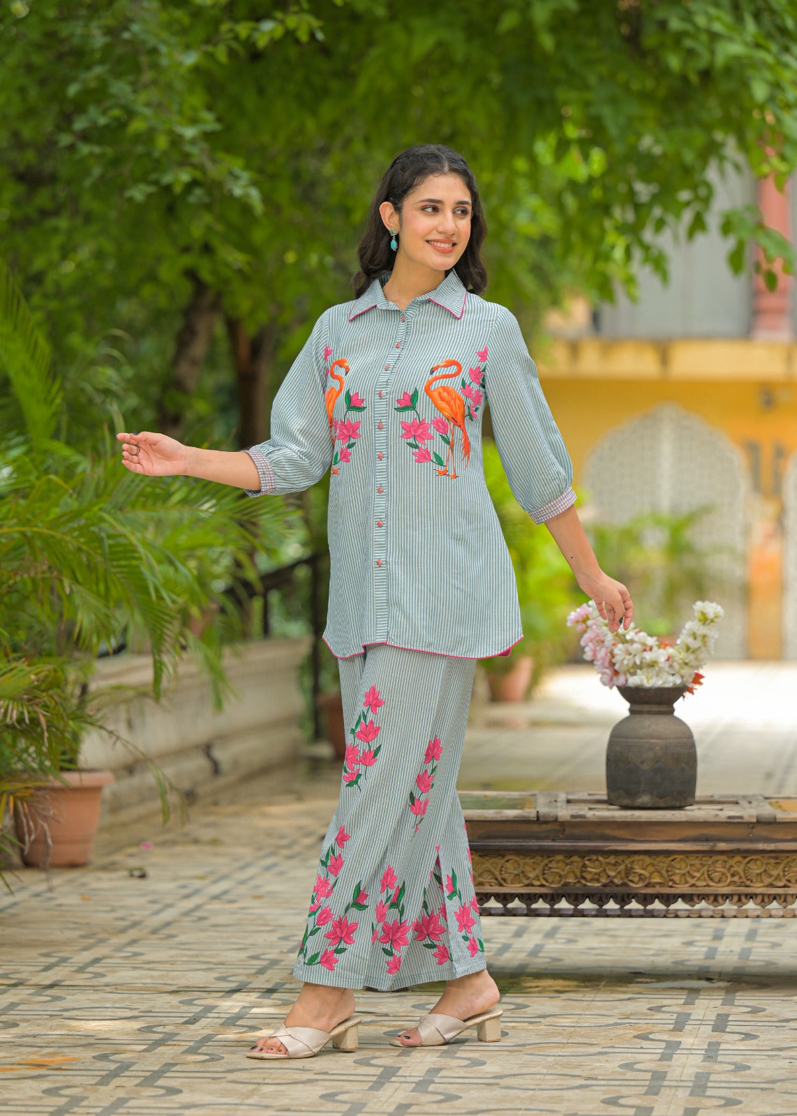 Vibrant Flamingo Printed Pure Cotton Co-ord Set  Fresh & Playful Style D6257 - kharidari