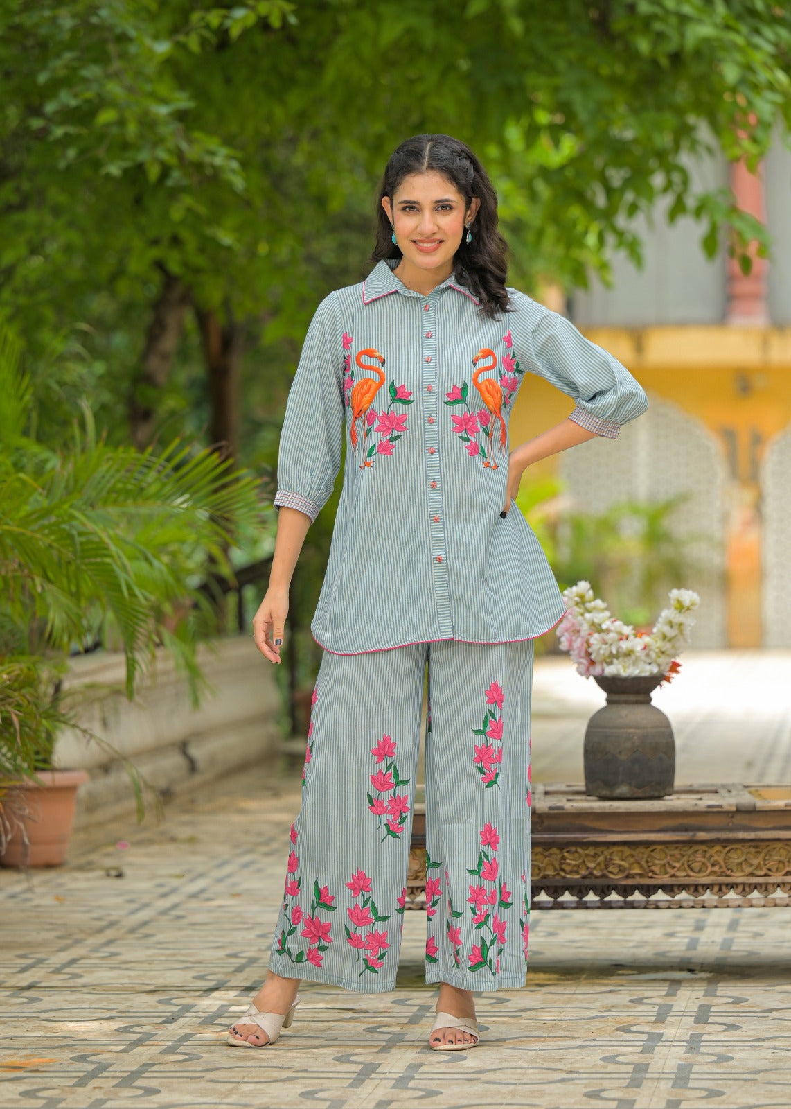 Vibrant Flamingo Printed Pure Cotton Co-ord Set  Fresh & Playful Style D6257 - kharidari