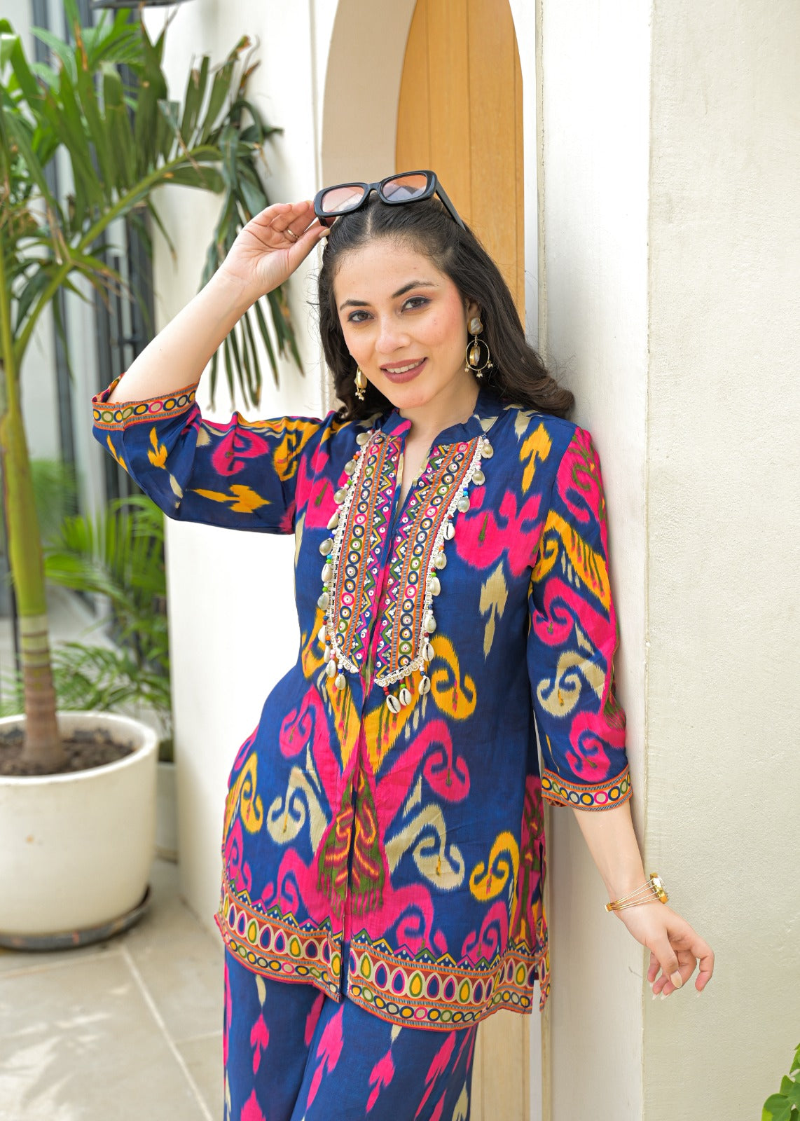 Vibrant Ikat Print Embroidered Pure Muslin Co-ord Set D6264