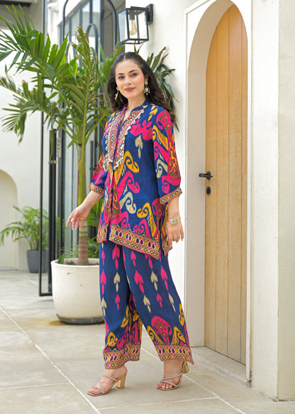 Vibrant Ikat Print Embroidered Pure Muslin Co-ord Set D6264 - kharidari