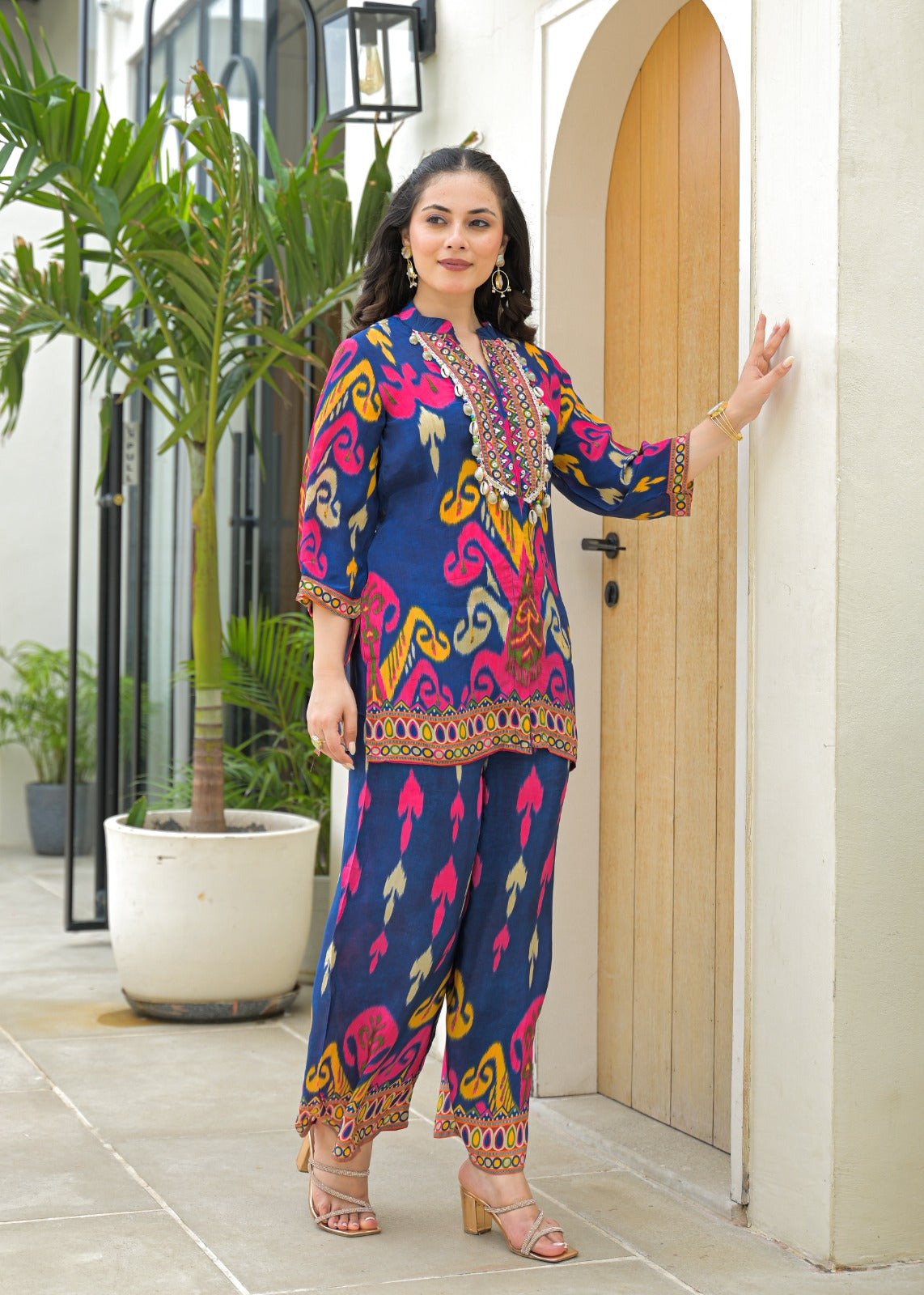 Vibrant Ikat Print Embroidered Pure Muslin Co-ord Set D6264 - kharidari