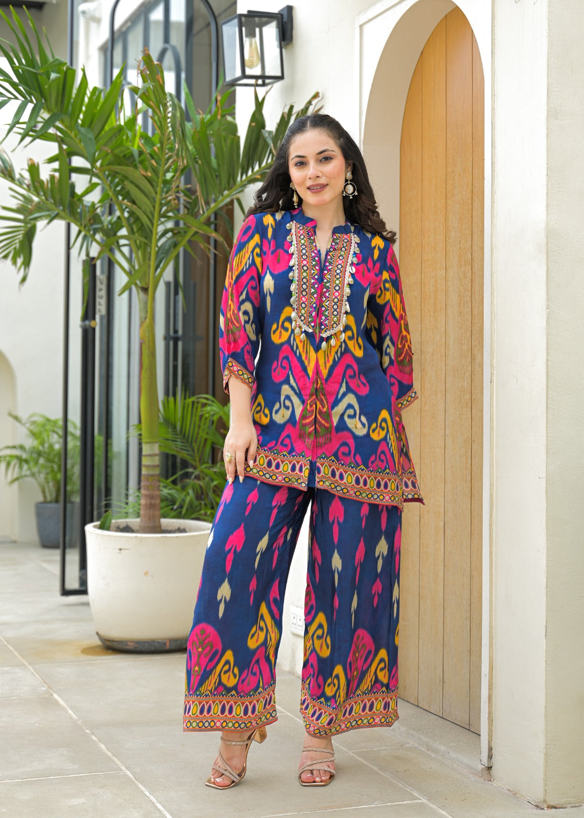Vibrant Ikat Print Embroidered Pure Muslin Co-ord Set D6264 - kharidari