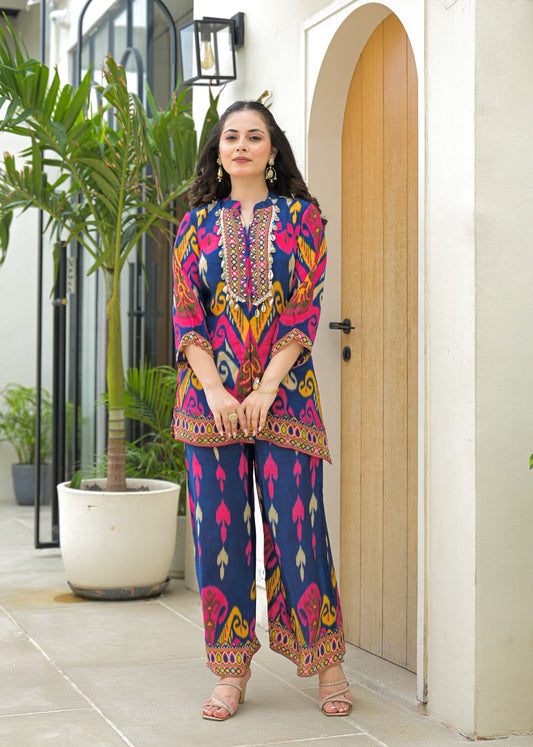 Vibrant Ikat Print Embroidered Pure Muslin Co-ord Set D6264