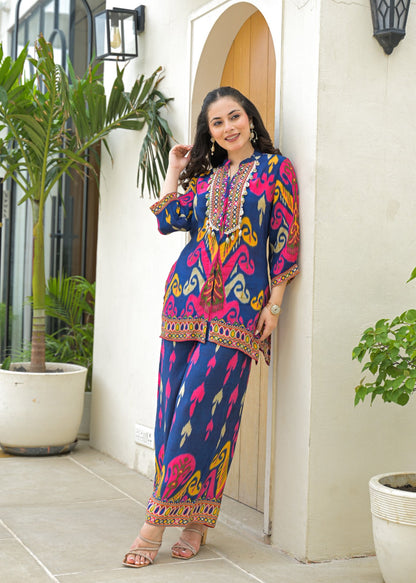 Vibrant Ikat Print Embroidered Pure Muslin Co-ord Set D6264 - kharidari