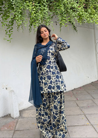 Elegant Blue Floral Ethnic Suit Set for Women with Matching Dupatta D6368