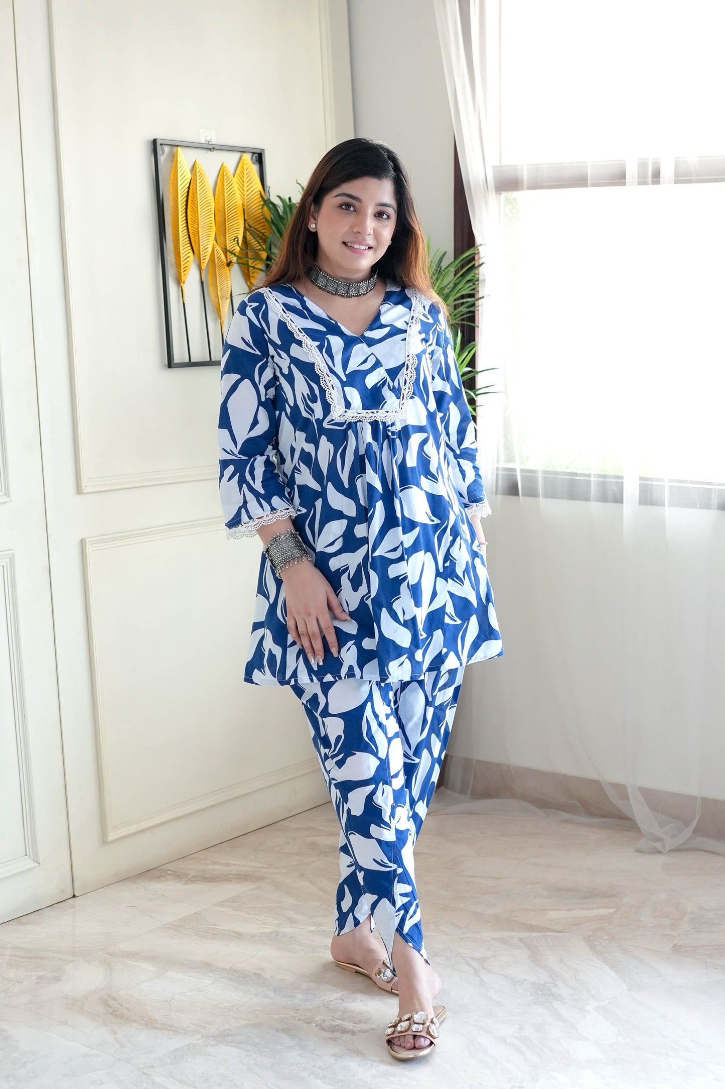 Noor Blue & Yellow Printed Co ord Set with Lace Detailing D6075