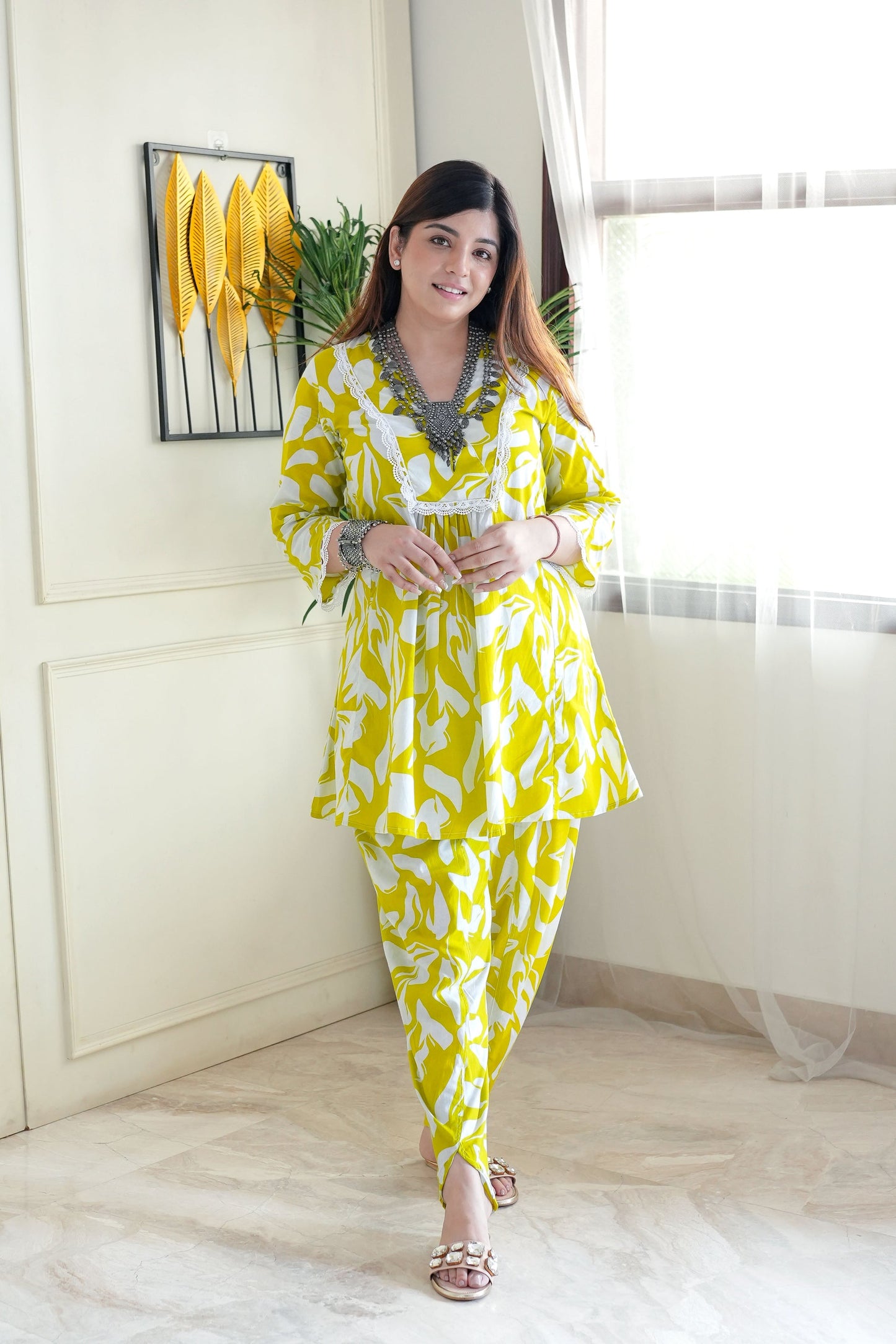 Noor Blue & Yellow Printed Co ord Set with Lace Detailing D6075