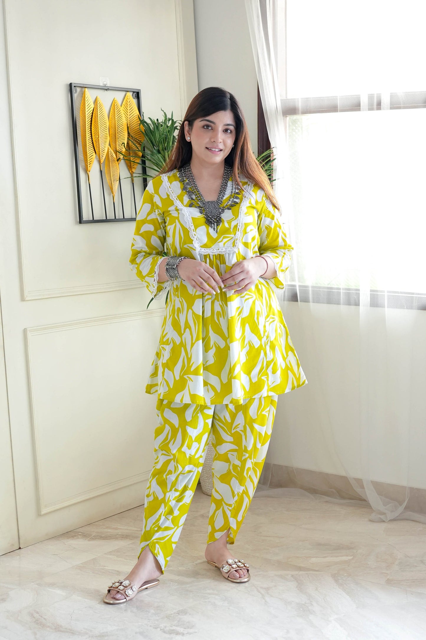 Noor Blue & Yellow Printed Co ord Set with Lace Detailing D6075