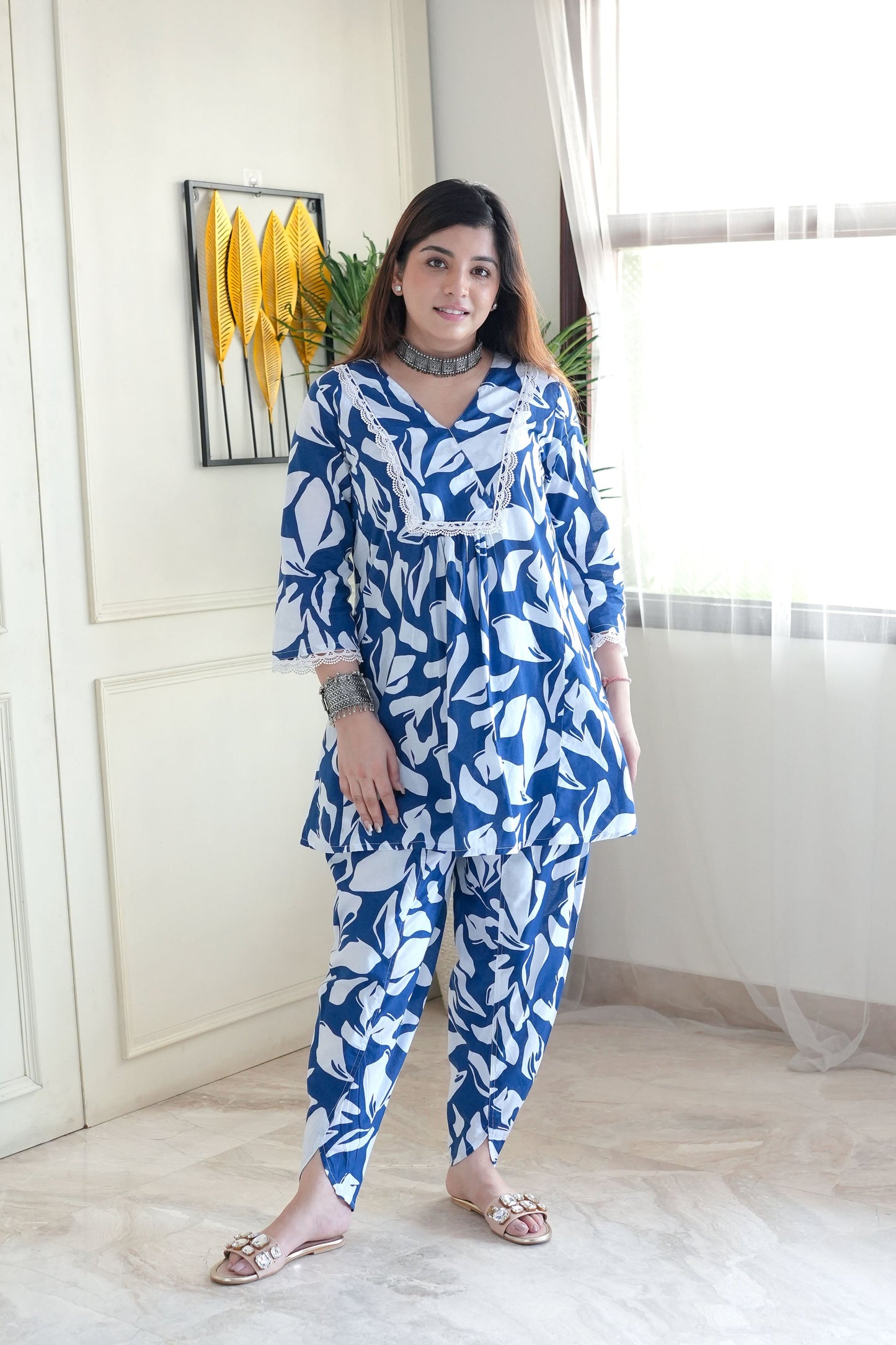 Noor Blue & Yellow Printed Co ord Set with Lace Detailing D6075