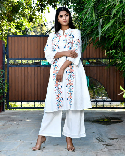 White Floral Vine Embroidered Co-ord Set D6271 - kharidari