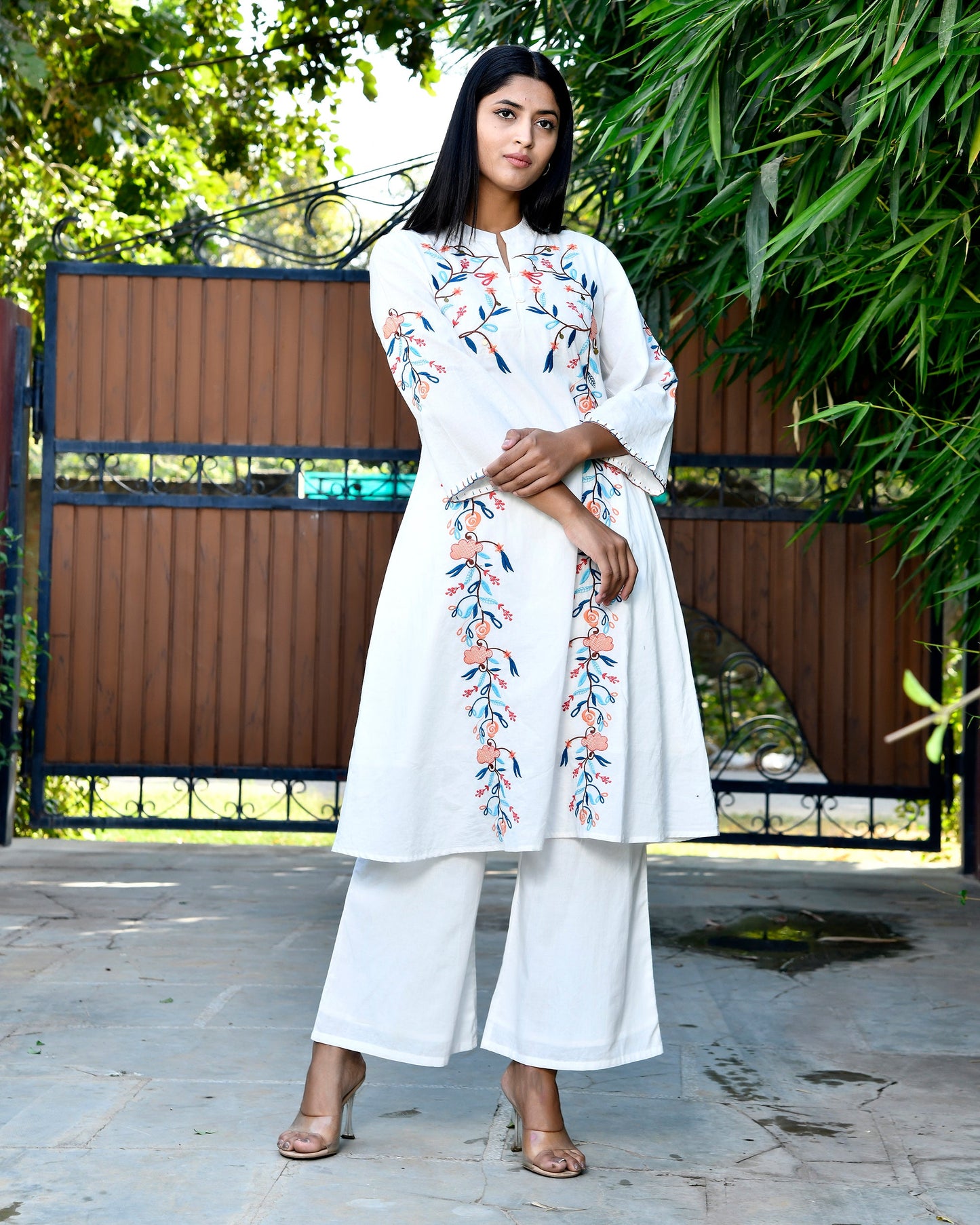 White Floral Vine Embroidered Co-ord Set D6271 - kharidari