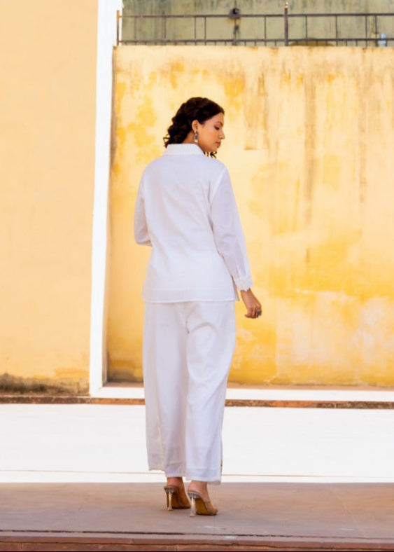 White Geometric Embroidered Cotton Co-ord Set D6272 - kharidari