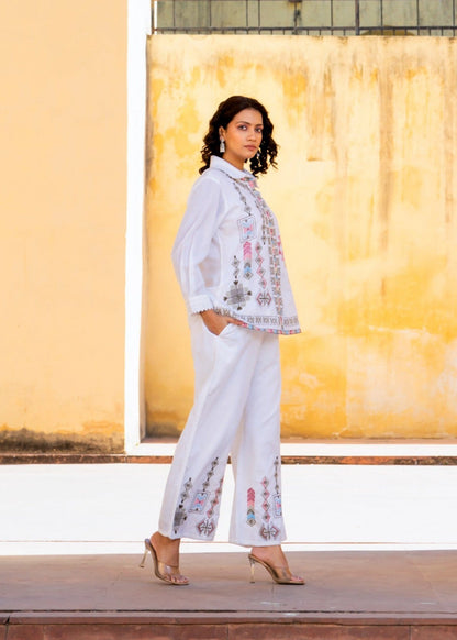 White Geometric Embroidered Cotton Co-ord Set D6272 - kharidari