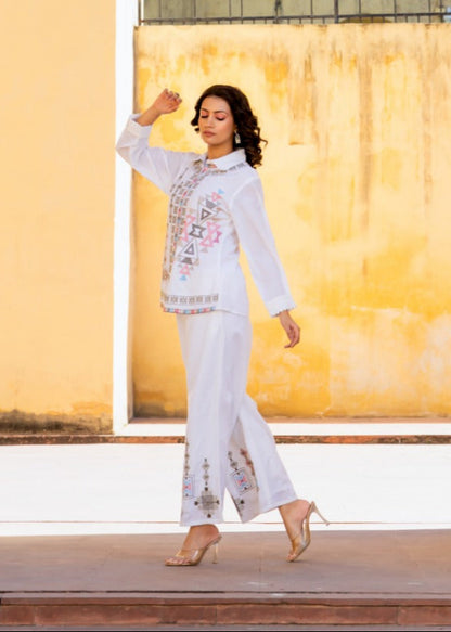White Geometric Embroidered Cotton Co-ord Set D6272