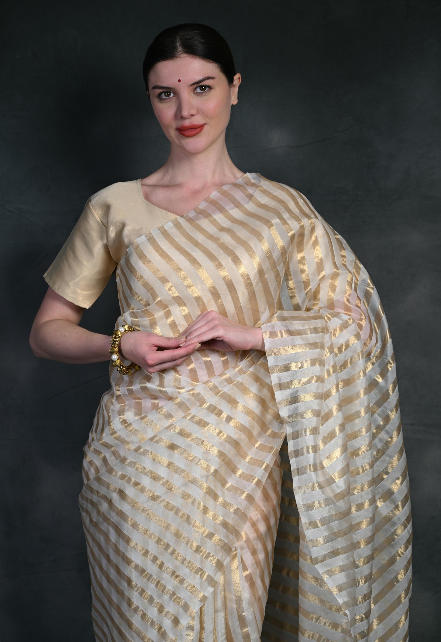 Women's Modern Stripe Design Organza Saree VT4002