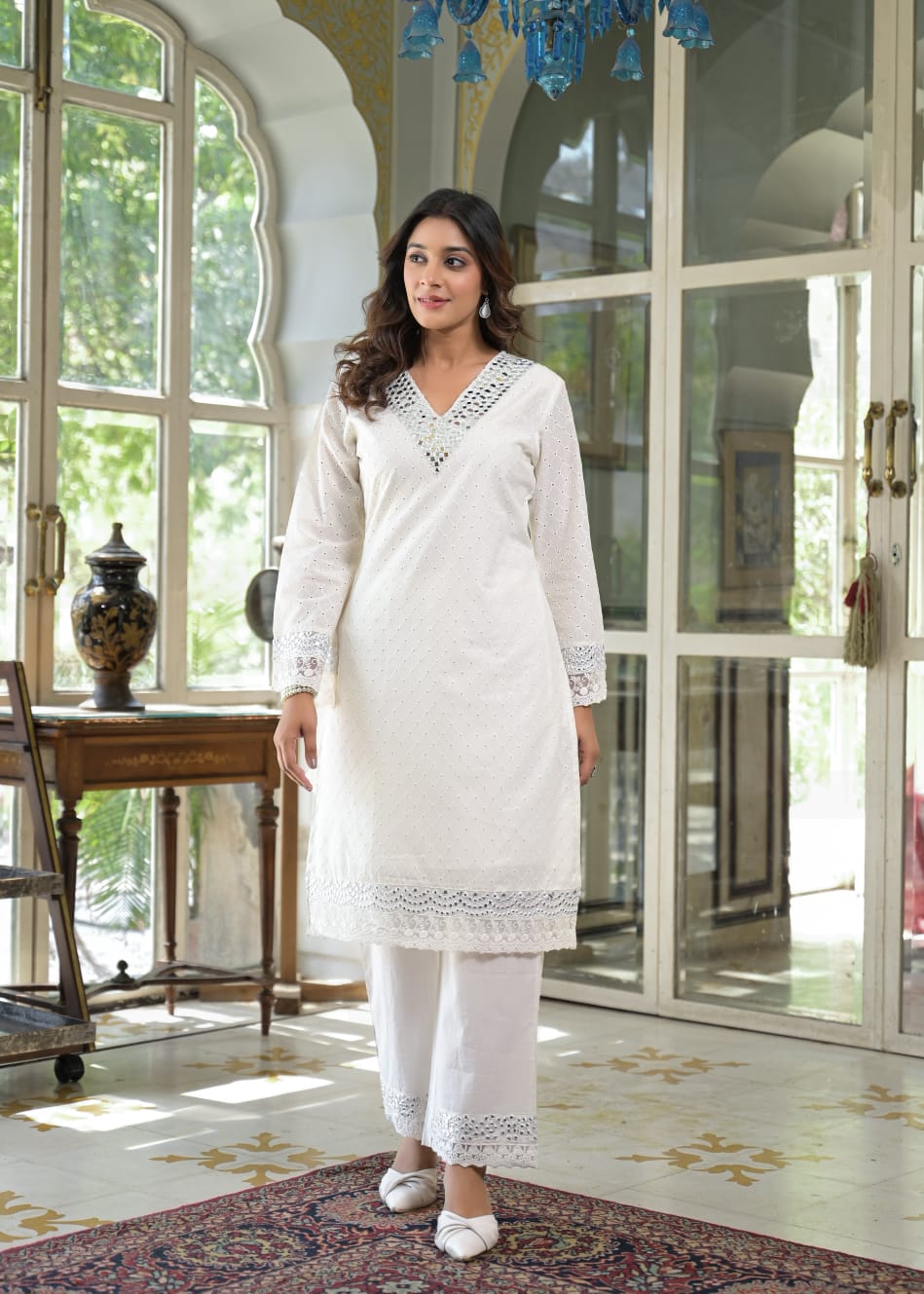 White Pure Cotton Co-ord Set with Cipli & Mirror Work D6269 - kharidari