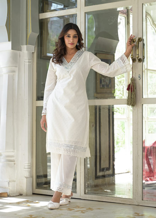 White Pure Cotton Co-ord Set with Cipli & Mirror Work D6269